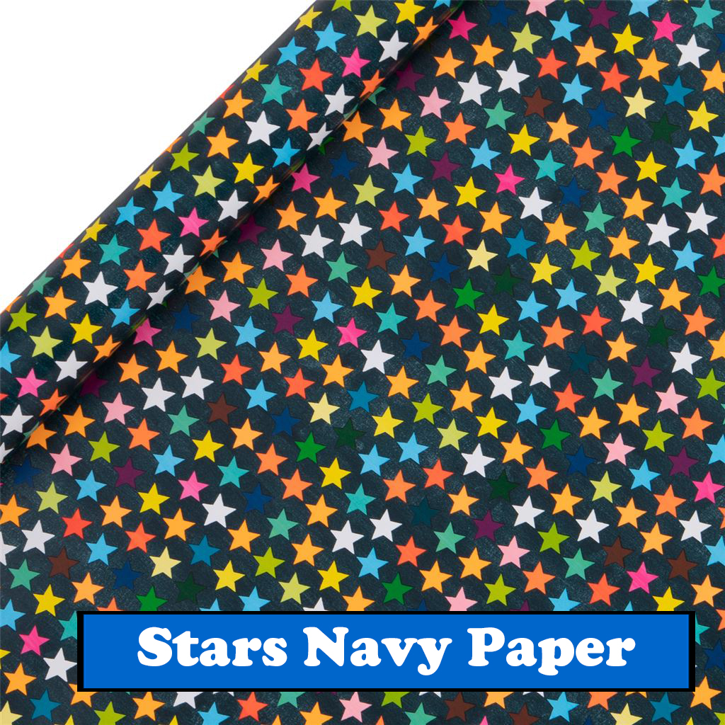 navy wrapping paper with multicoloured happy birthdays